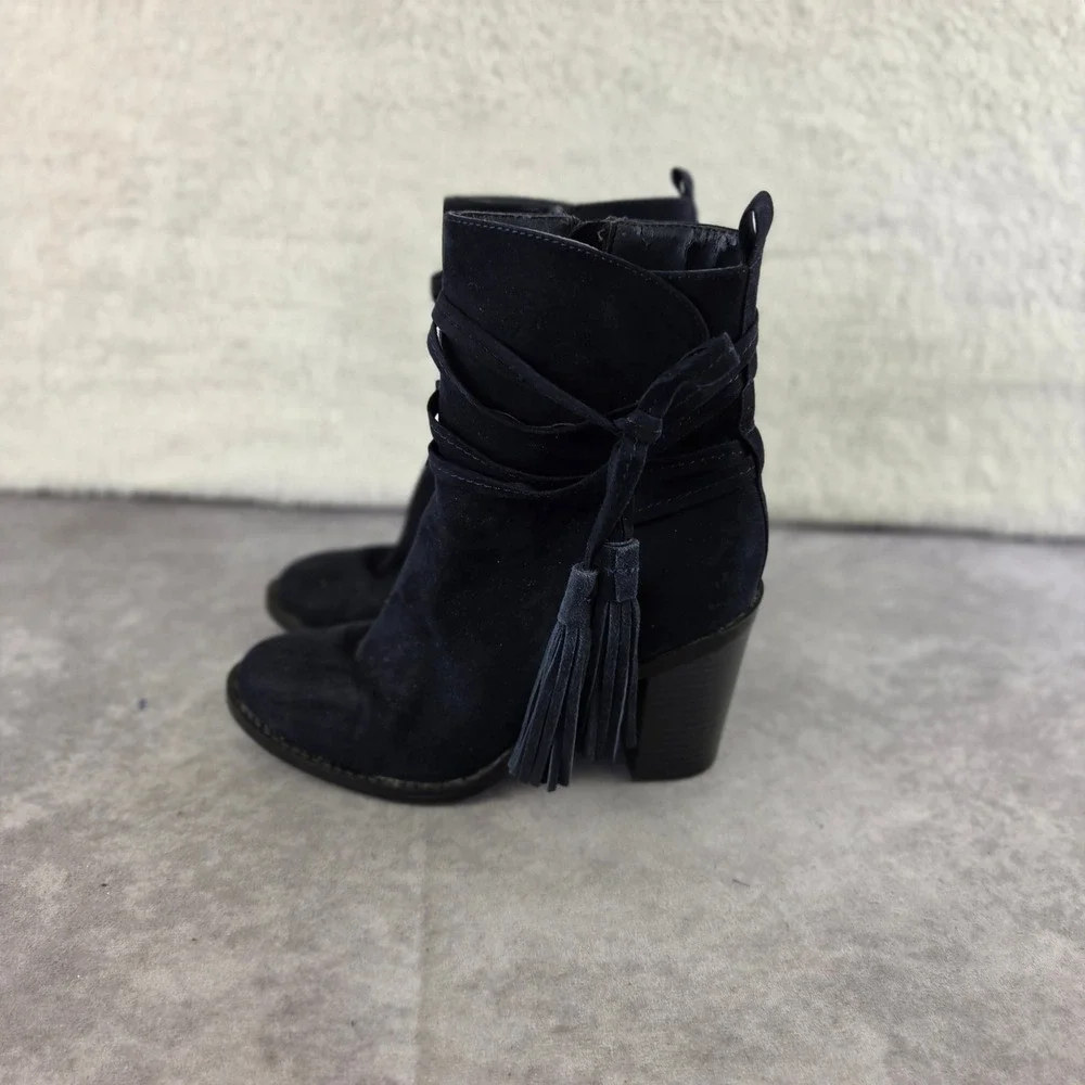 Clifton Navy Blue Faux Suede Tassel Ankle Boots Block Heel Women 7M